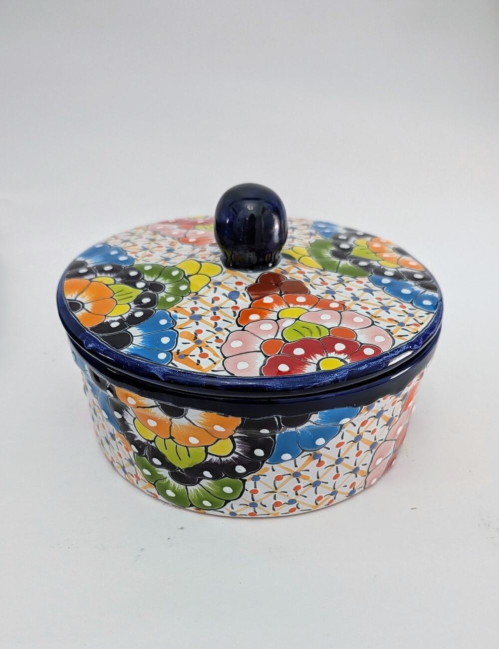 Talavera Pottery Tortilla Warmer Mexican Ceramic Canister Puebla Blue Tortillero